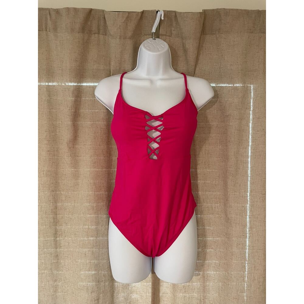 La Blanca Lace-Up One-Piece Swimsuit MSRP $124 Size 14 Hot Pink Swim Womens